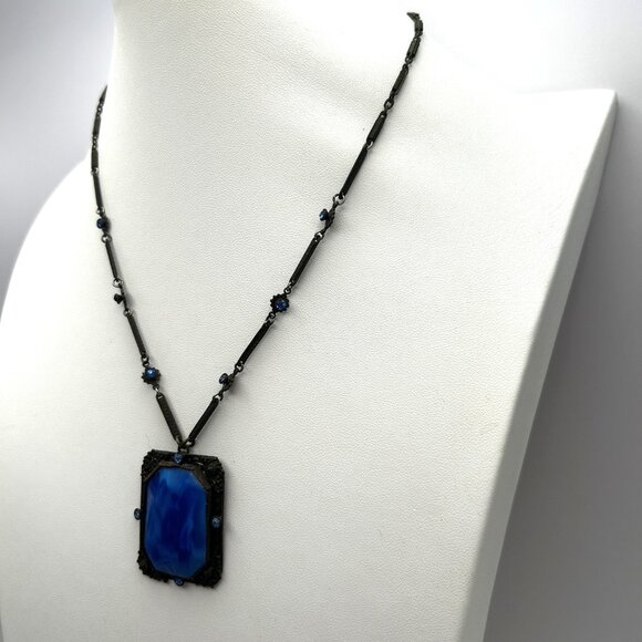 Vintage 1920s Czech Art Deco Blue Glass Necklace Filigree Bar Link Chain 18” - Picture 15 of 16